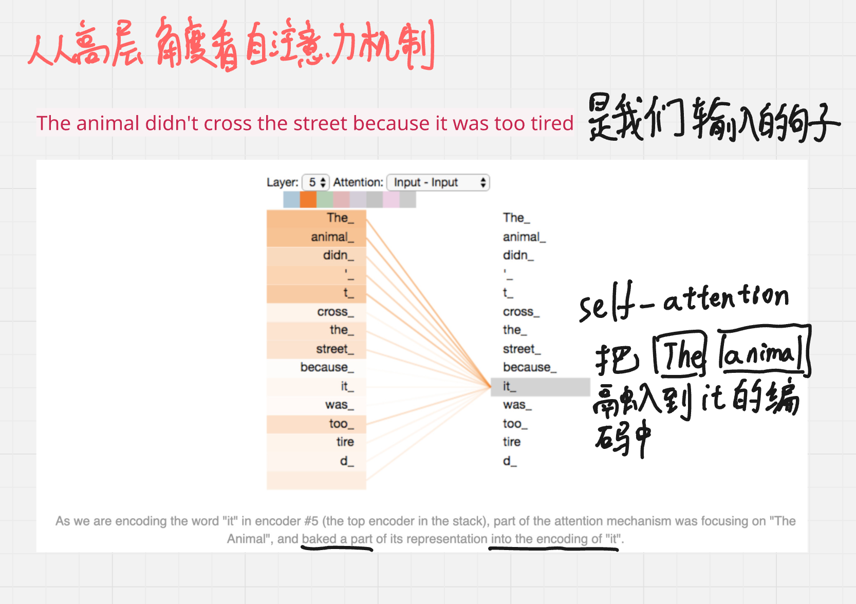 图 17:处理 it 时,对 animal 等位置分配注意力